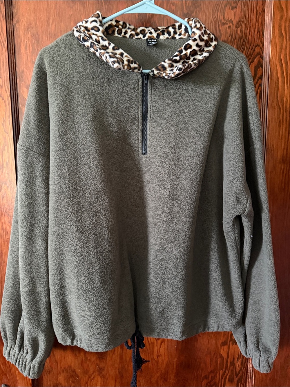SHEIN Olive Green Fleece Jacket with Leopard Print Trim